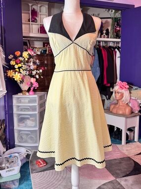 Vintage Yellow A-Line Dress with Black Trim